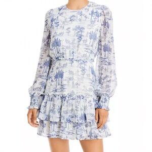 AQUA‎ Toile Ruffle Tiered Dress Womens Small Blue White Coquette Chiffon Paris